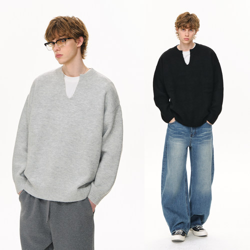 CLIMAX VISION慵懒风松弛感V领简约羊毛混纺廓形毛衣针织衫