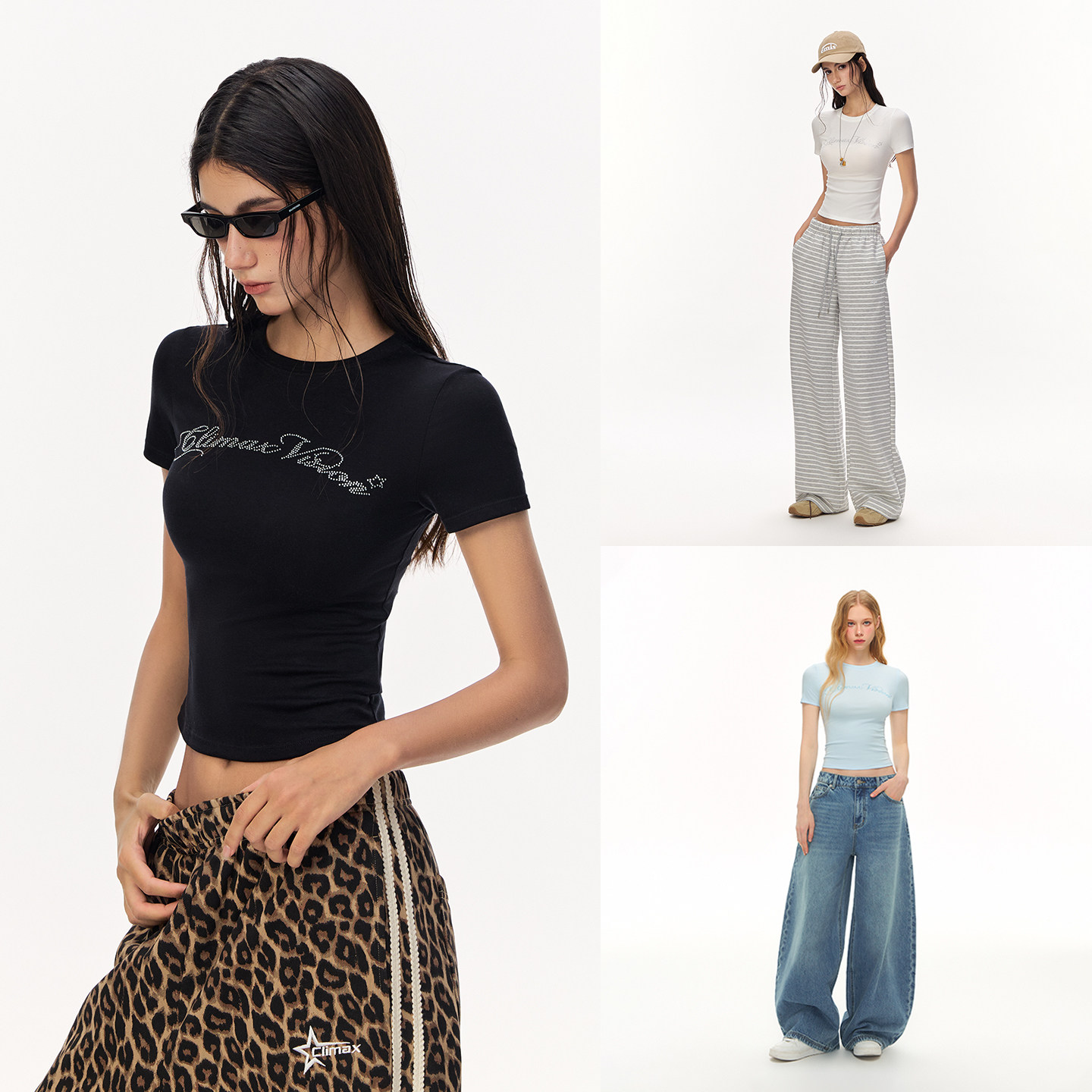 CLIMAX VISION莱赛尔亲肤弹力烫钻显瘦短款短袖T恤女圆领舒适tee