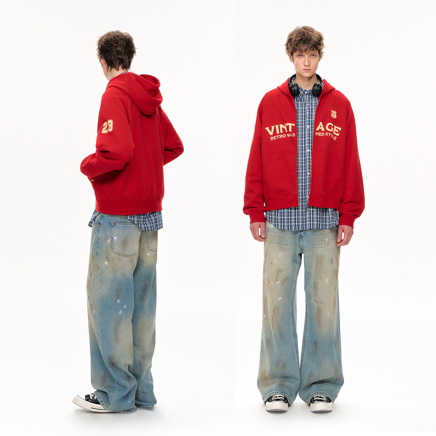 CLIMAX VISION做旧破坏复古印花红色连帽拉链卫衣插肩袖秋帽衫男