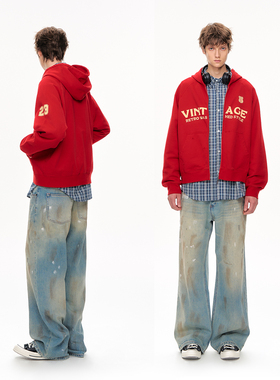 CLIMAX VISION做旧破坏复古印花红色连帽拉链卫衣插肩袖秋帽衫男