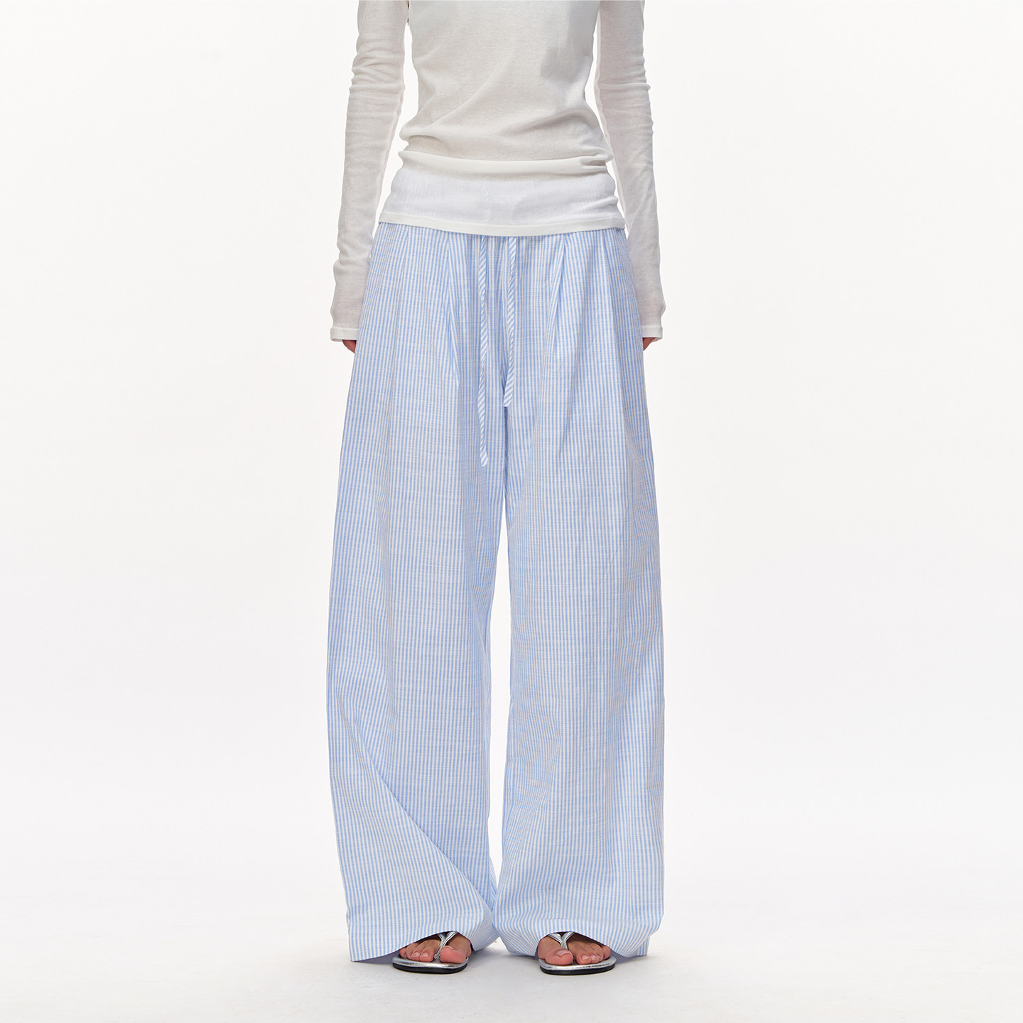 CLIMAX VISION松弛感轻薄凉爽蓝白条纹阔腿休闲长裤拖地裤女款