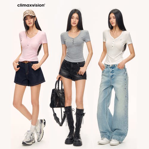 CLIMAX VISION轻盈凉爽莱赛尔舒弹亨利V领短袖T恤女掐腰显瘦正肩T