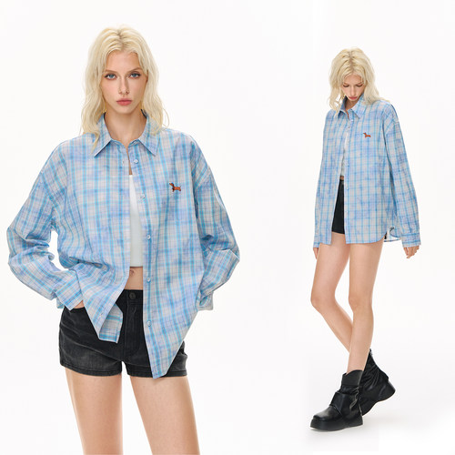 CLIMAX VISION小狗刺绣仿扎染格纹廓形慵懒宽松休闲衬衫长袖女款