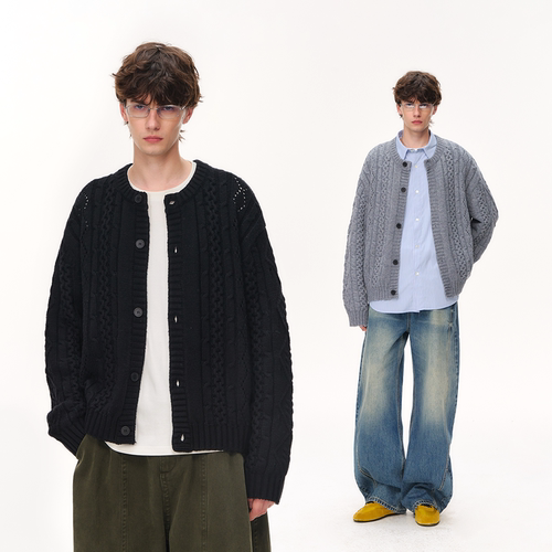 CLIMAX VISION可机洗羊毛混纺复古绞花圆领针织开衫毛衣