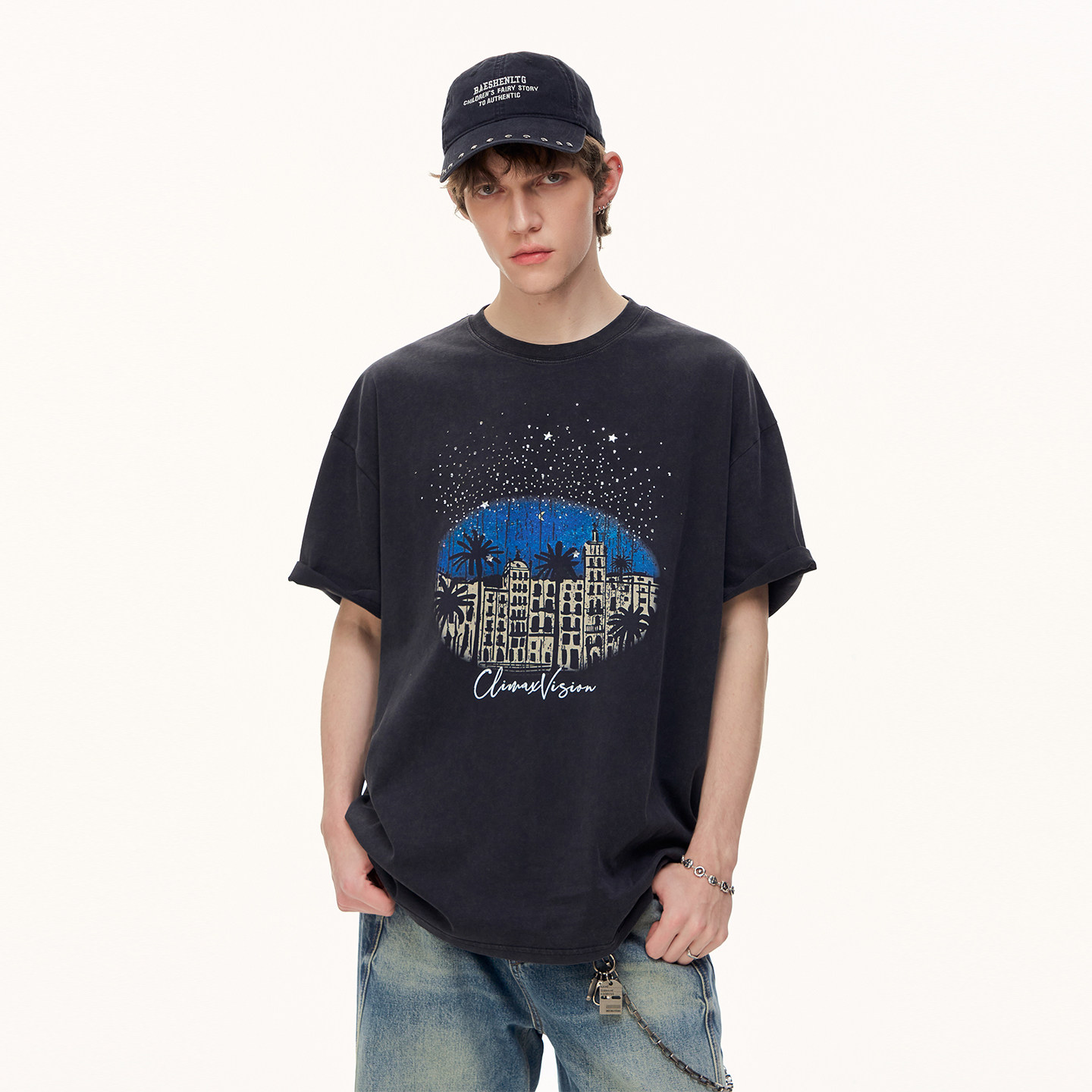 CLIMAX VISION满天星闪钻复古城堡纯棉做旧水洗短袖T恤圆领tee