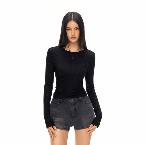 CLIMAX VISION天丝羊毛十字花满天星烫钻短款显瘦长袖T恤打底内搭