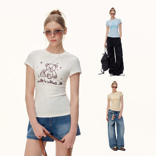 CLIMAX T恤女正肩显瘦高弹力上衣 VISION无聊小熊素描植绒印花短袖