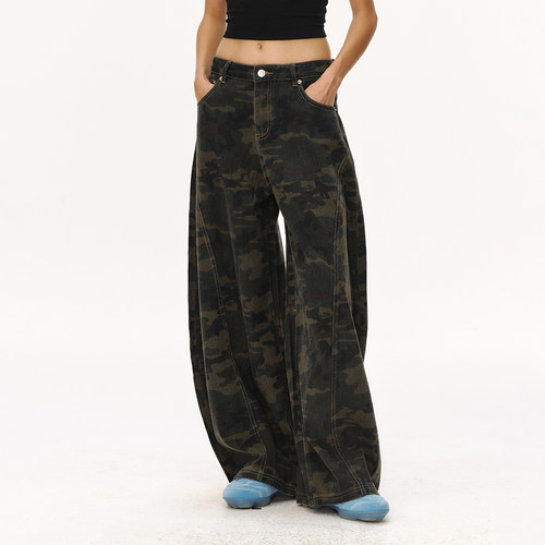 CLIMAX VISION美式复古做旧迷彩轻解构廓腿弯刀牛仔裤长裤