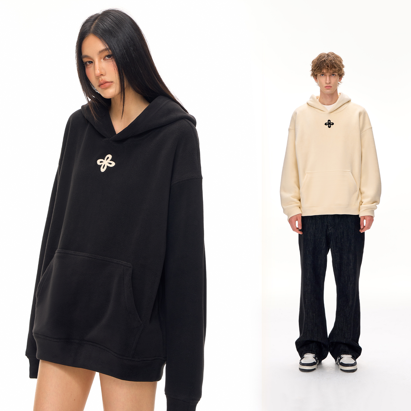 CLIMAX VISION保暖亲肤双面摇粒绒四叶花毛巾绣连帽卫衣情侣帽衫