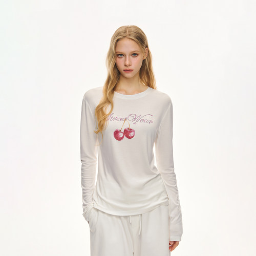 CLIMAXVISION烫钻樱桃长袖T恤