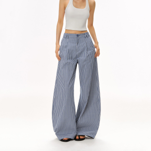 直筒长裤 CLIMAX VISION小蓝白格廓形宽松剪裁松弛感休闲弯刀裤