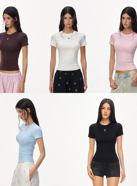 CLIMAX VISION轻薄裸感沙漏腰十字花基础百搭短款紧身显瘦短袖T恤