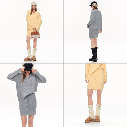 CLIMAX VISION圈圈纱粗针慵懒廓形V领宽松套头针织毛衣/抽绳半裙