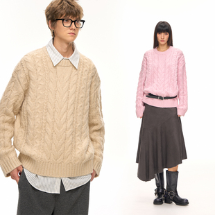 CLIMAX VISION马海毛粗针复古绞花廓袖棉花糖毛衣针织衫内搭/外穿