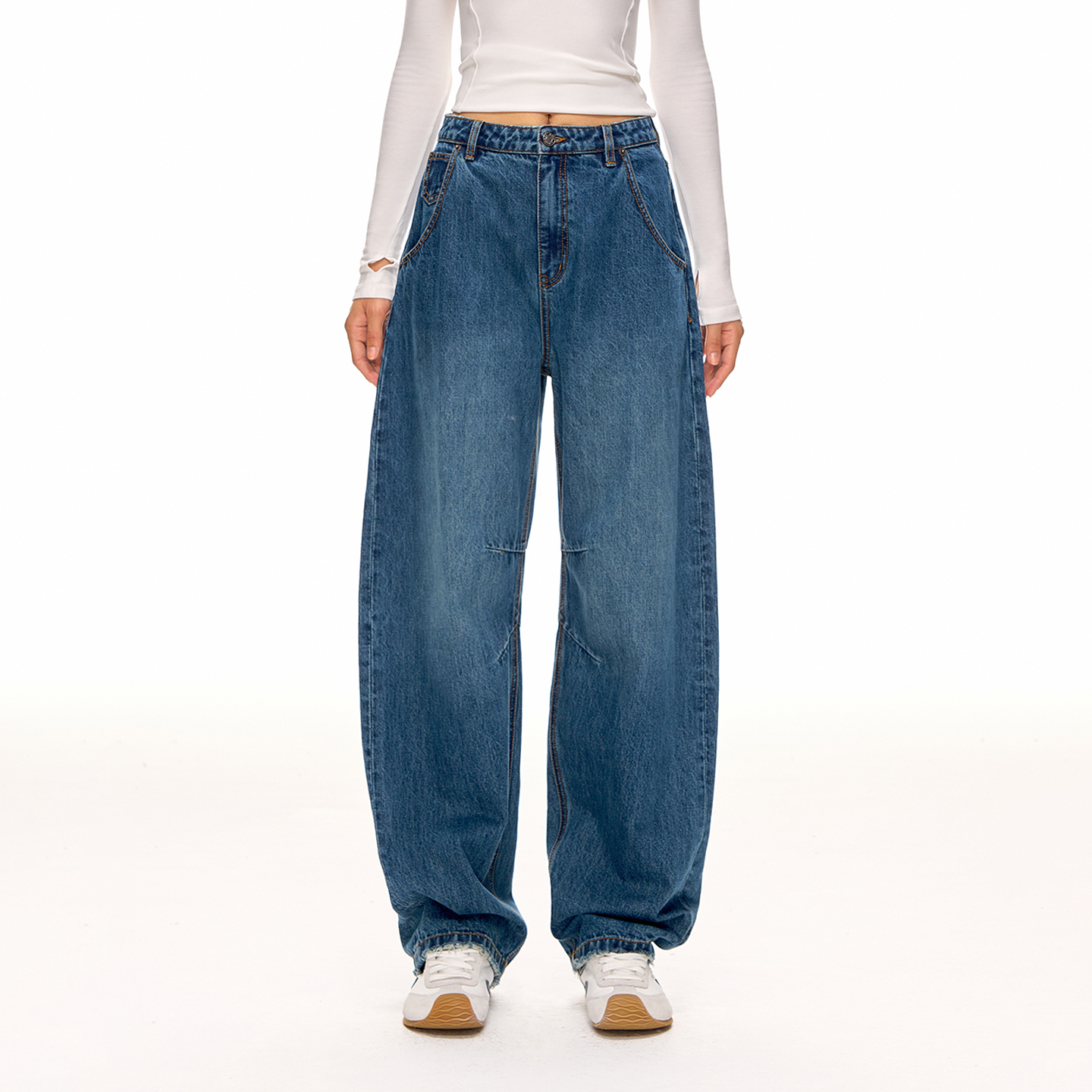 CLIMAX VISION靛蓝绳染复古做旧竹节肌理廓腿弯刀牛仔裤香蕉裤女