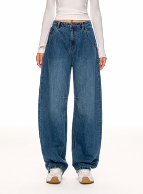 CLIMAX VISION靛蓝绳染复古做旧竹节肌理廓腿弯刀牛仔裤香蕉裤女