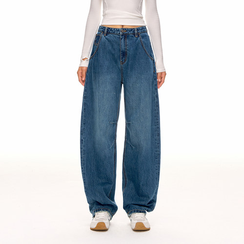 CLIMAX VISION靛蓝绳染复古做旧竹节肌理廓腿弯刀牛仔裤香蕉裤女