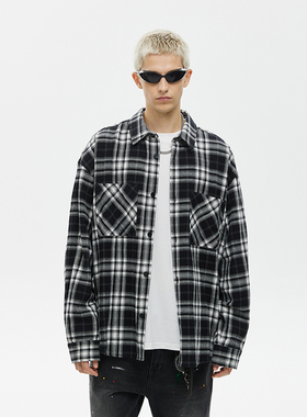 CLIMAX VISION双口袋复古格子休闲长袖衬衫美式高街宽松衬衣潮牌