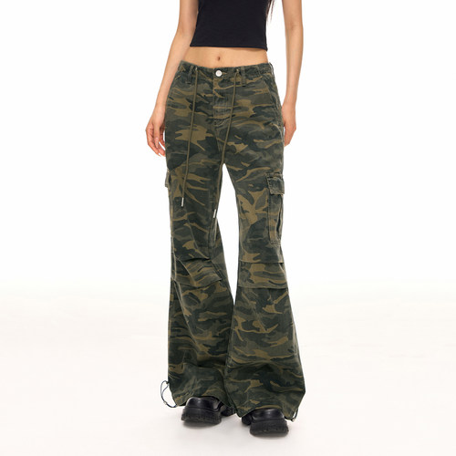 CLIMAX VISION美式复古做旧多口袋阔腿宽松微喇迷彩工装伞兵裤女