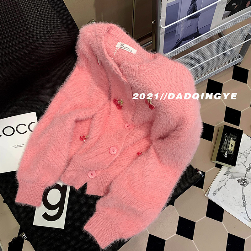 DQY STUDIO 여성용 겨울 2023 여성용 새 루즈하고 고급스러운 핑크 체리 니트 가디건