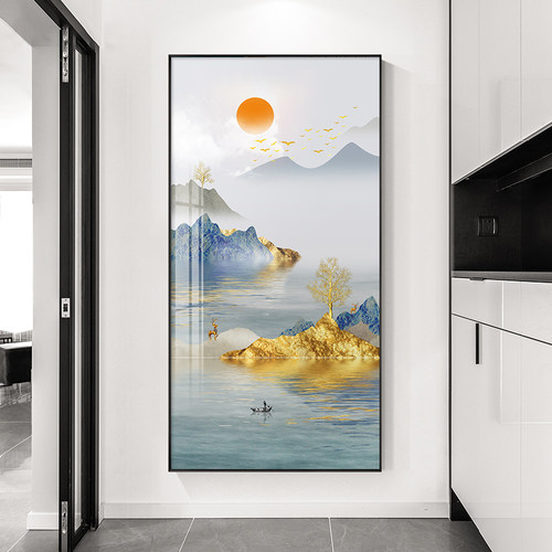 玄关山水画竖版现代轻奢高档走廊挂画新中式客厅风景入户过道壁画