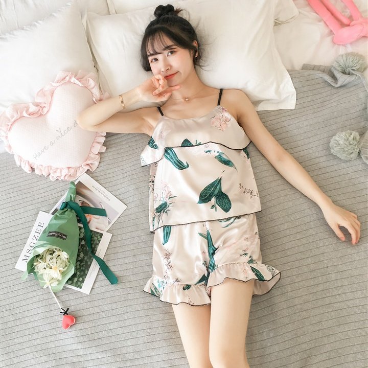 夏季薄款丝绸吊带睡衣女无袖性感清新可爱冰丝短裤两件套装家居服