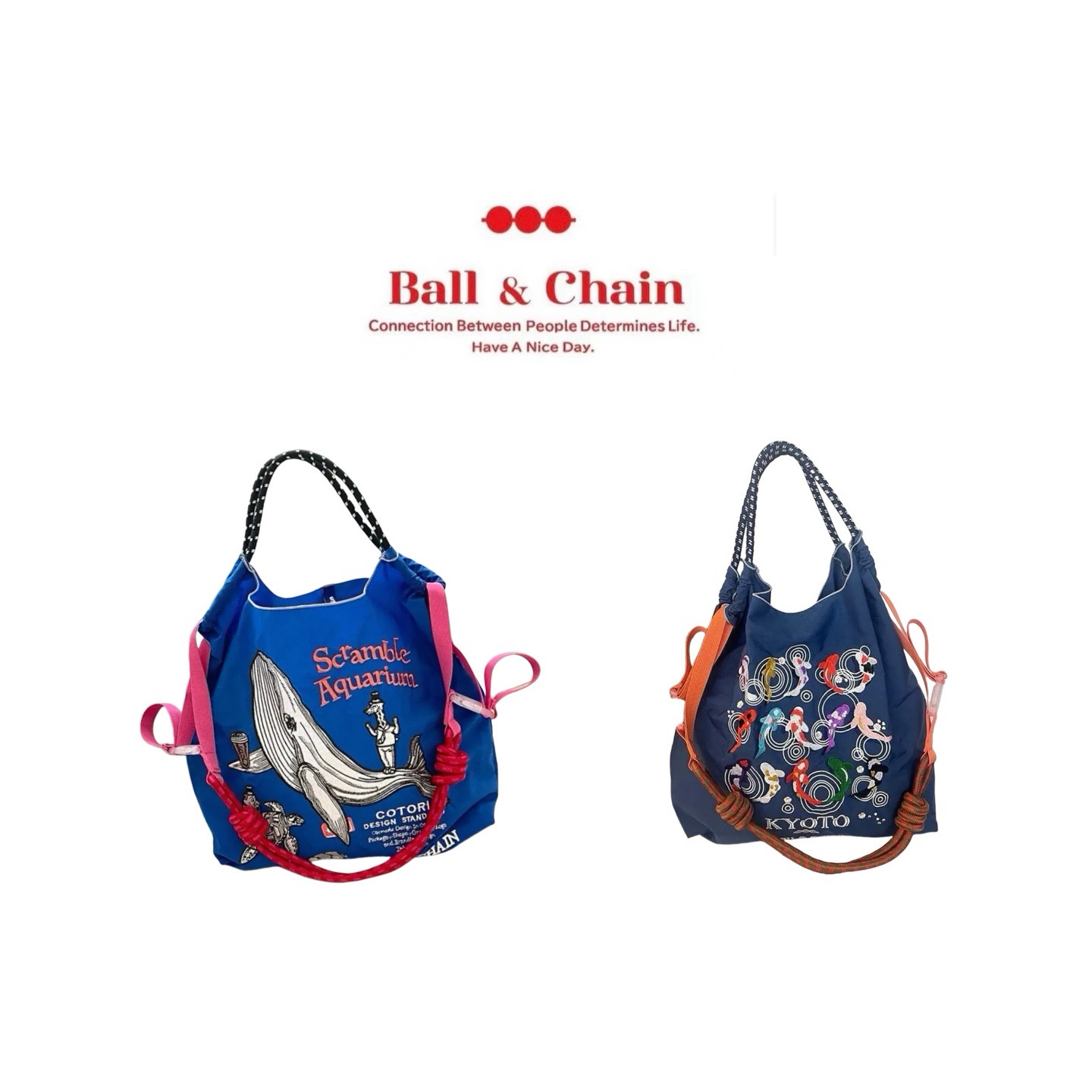 日系ball chain锦鲤鲸鱼刺绣大容量尼龙帆布购物袋手提单肩包托特