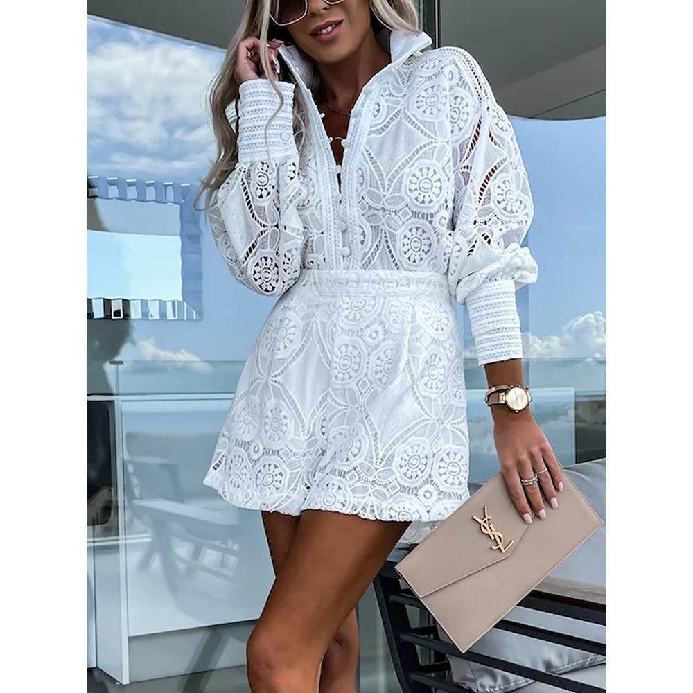 Lace Shorts Sets Women Casual Hollow Out Suit Female Stand C