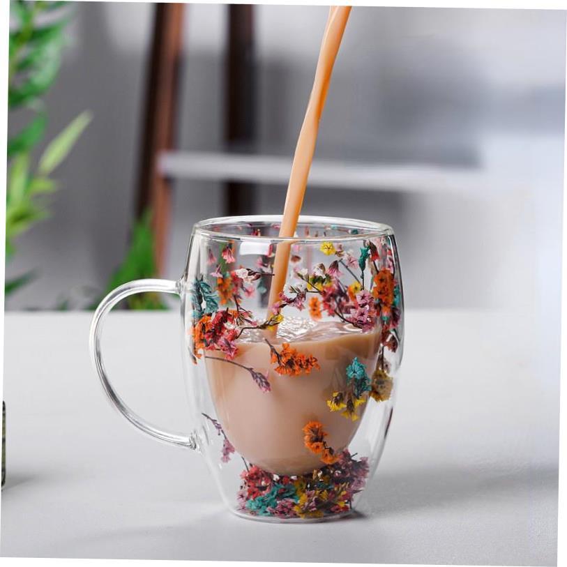 Creative Double Wall Glass Cup Real Flower Conch Flash Fille