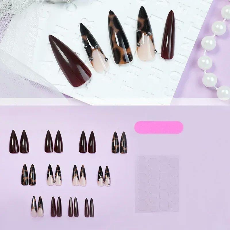 24Pc Leopard Print French False Nails Long Stiletto Press on