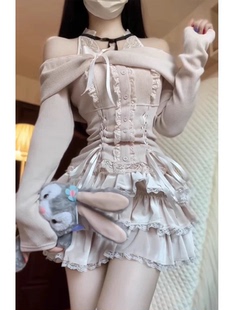 纯欲风甜美蝴蝶结一字肩长袖 上衣蛋糕短裙少女两件套2025