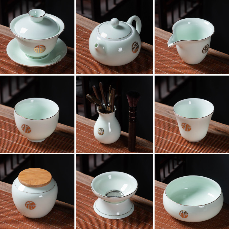 陶瓷影青功夫茶具三才盖碗茶杯福字描金西施茶壶单个家用茶洗大号
