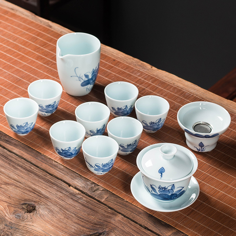 陶瓷新中式三才影青功夫茶具盖碗