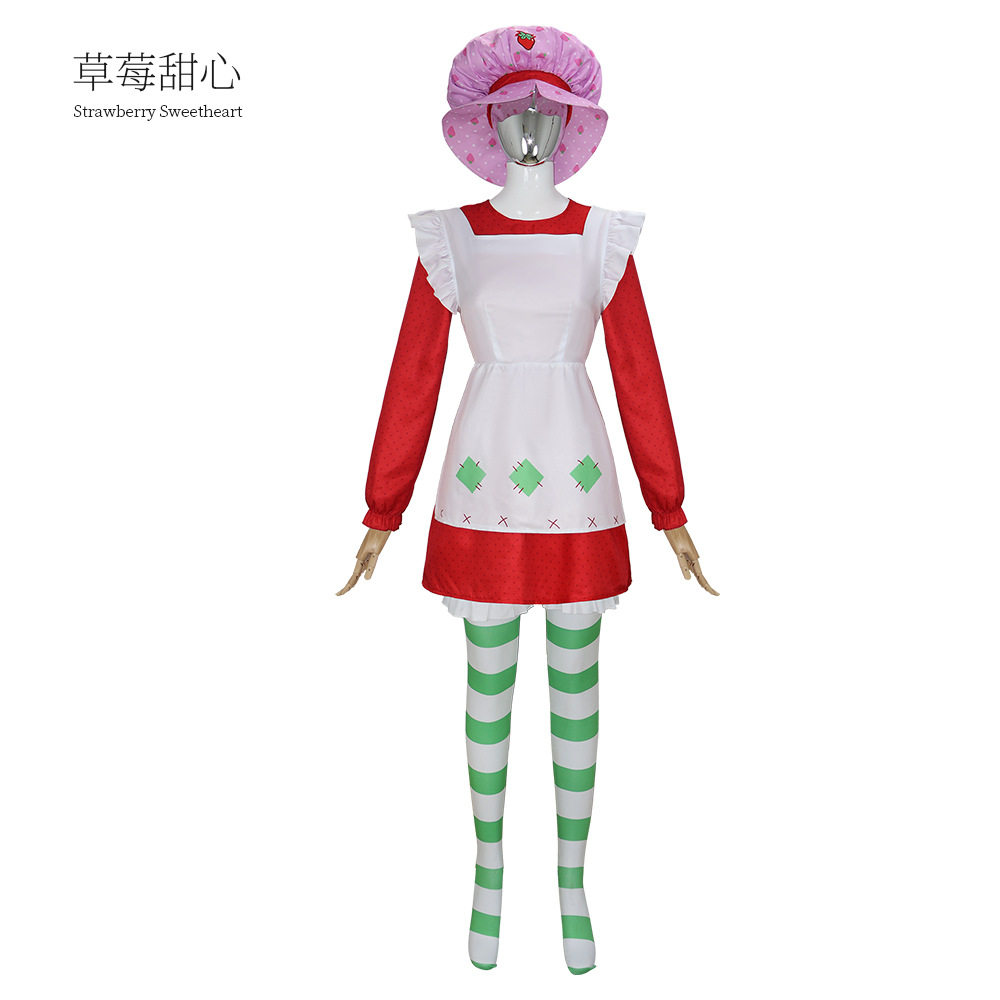 跨境新款印花草莓女仆连衣裙套装cosplay万圣节狂欢假期节日服装