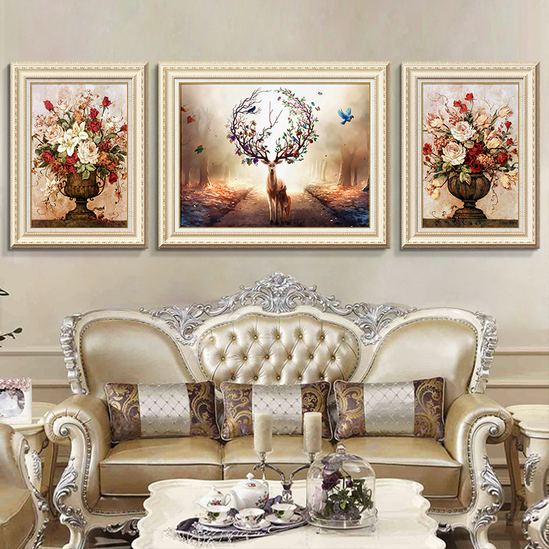 客厅装饰画沙发背景墙欧式壁画大气三联画卧室美式挂画餐厅发财鹿图片