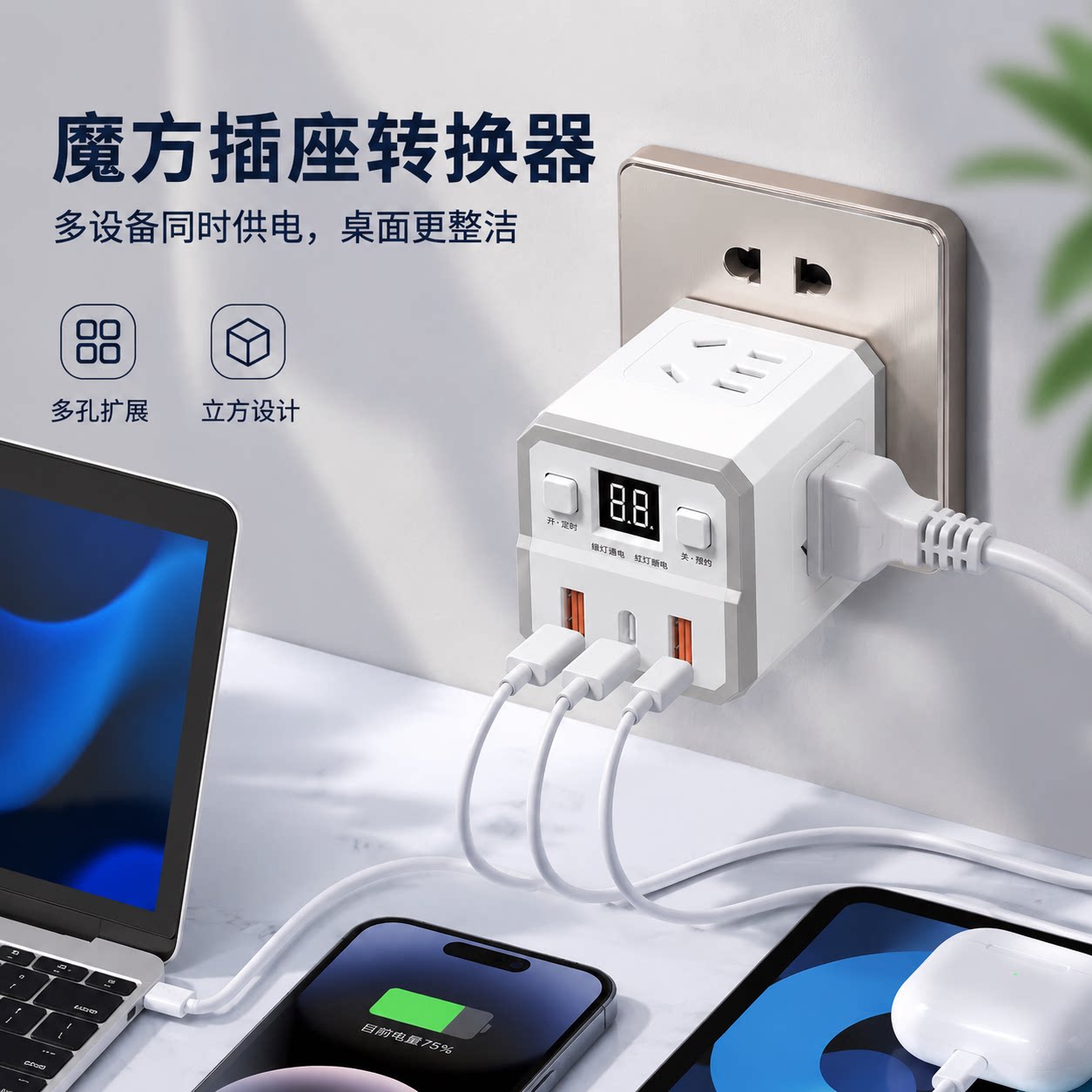 正品官方公矢魔方插座转换器定时USB快充插排多孔位家用宿舍办公图片