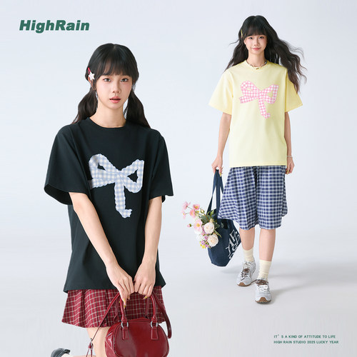HIGHRAIN蝴蝶结格子印花短袖女