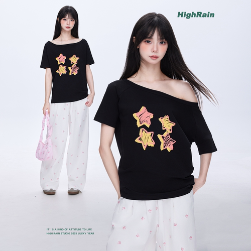 很润工作室HighRain黑色露肩T恤