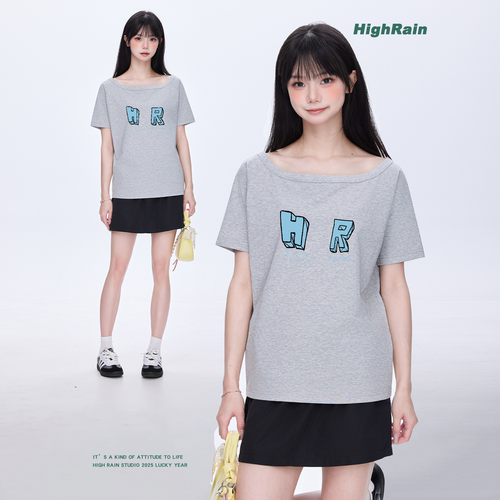 很润工作室HighRain一字肩短袖T