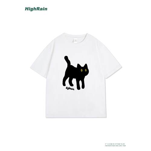 HighRain日系趣味黑猫印花T恤夏
