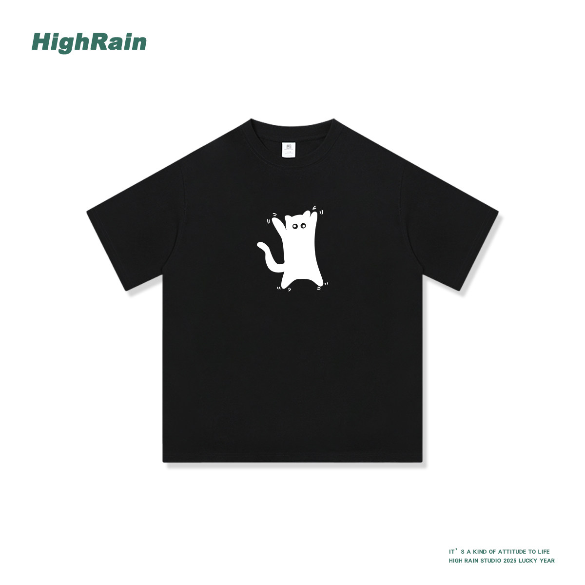 HIGH RAIN创意小猫短袖T恤女宽松美式潮牌重磅设计感小众上衣纯棉