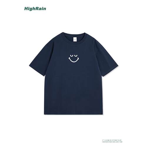HighRain藏青色笑脸印花T恤夏季