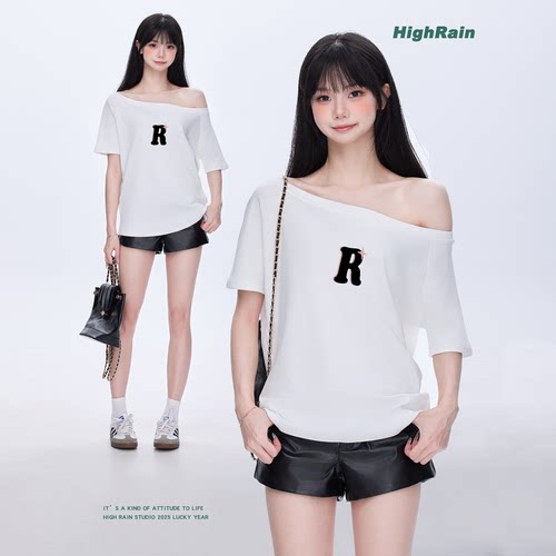 很润工作室白色斜肩T恤女夏季新