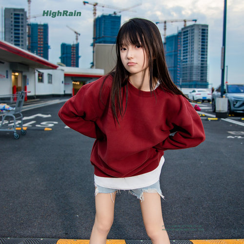 highrain 酒红色圆领卫衣男女秋冬元气轻活风简单大方高级感上衣