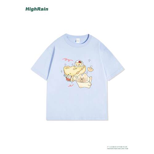 HighRain浅蓝色奶酪猫短袖T恤女