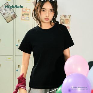 HIGH RAIN正肩短袖t恤女夏季修身内搭打底衫2025上衣基础素色纯棉