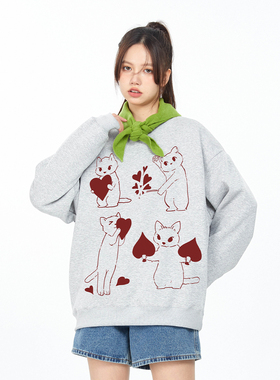 high rain 早秋卡通猫咪红桃A圆领卫衣灰色韩系宽松慵懒感上衣潮