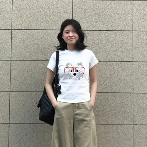HIGH RAIN韩系可爱蝴蝶结印花圆领正肩短袖T恤女修身显瘦夏季上衣