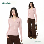 RAIN亨利领针织衫 女粉色修身 内搭打底衫 HIGH 毛衣长袖 轻熟风上衣