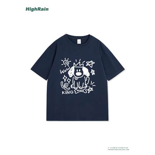 HighRain藏青色短袖T恤男女手绘